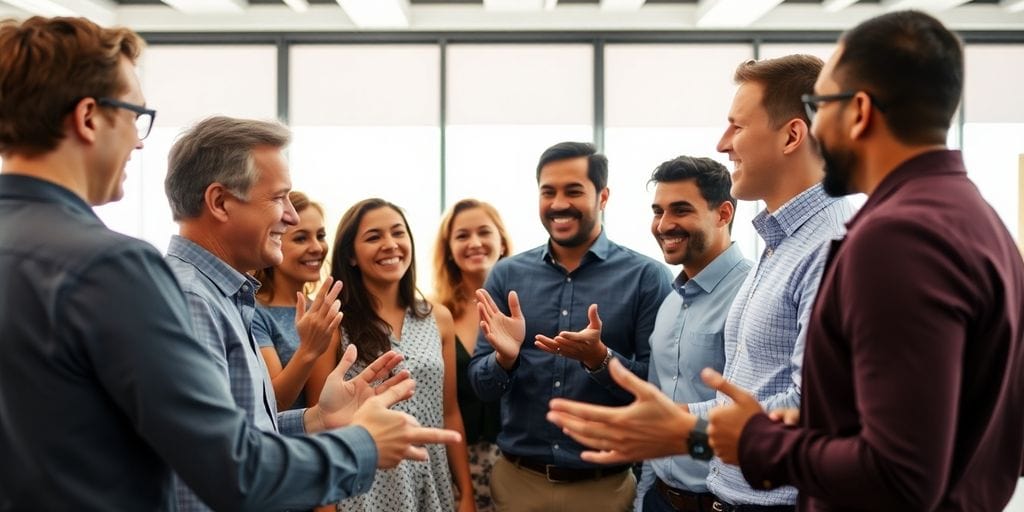 People in a bright room during a morning meeting.