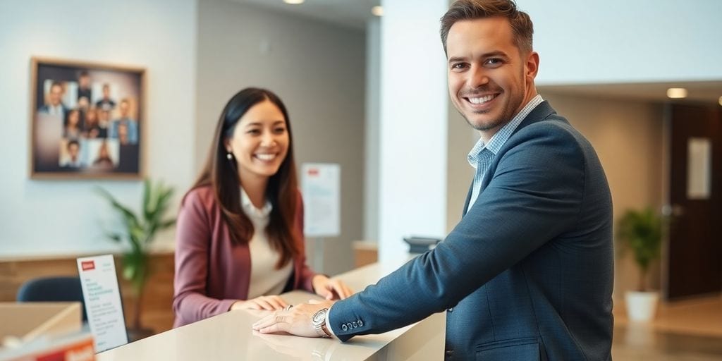Front desk staff actively engaging with clients.