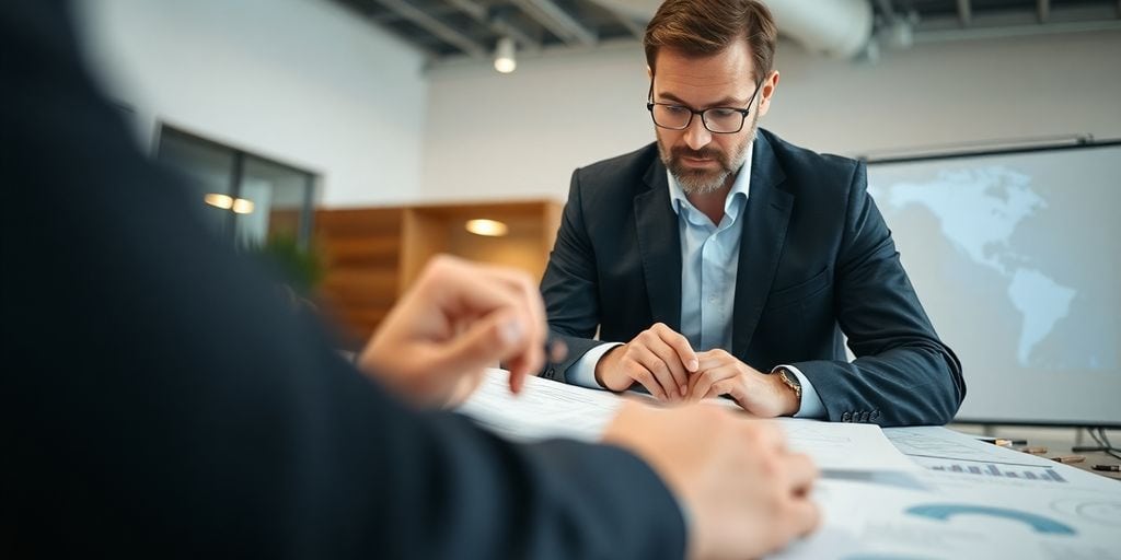 Business professional planning growth with visual aids.