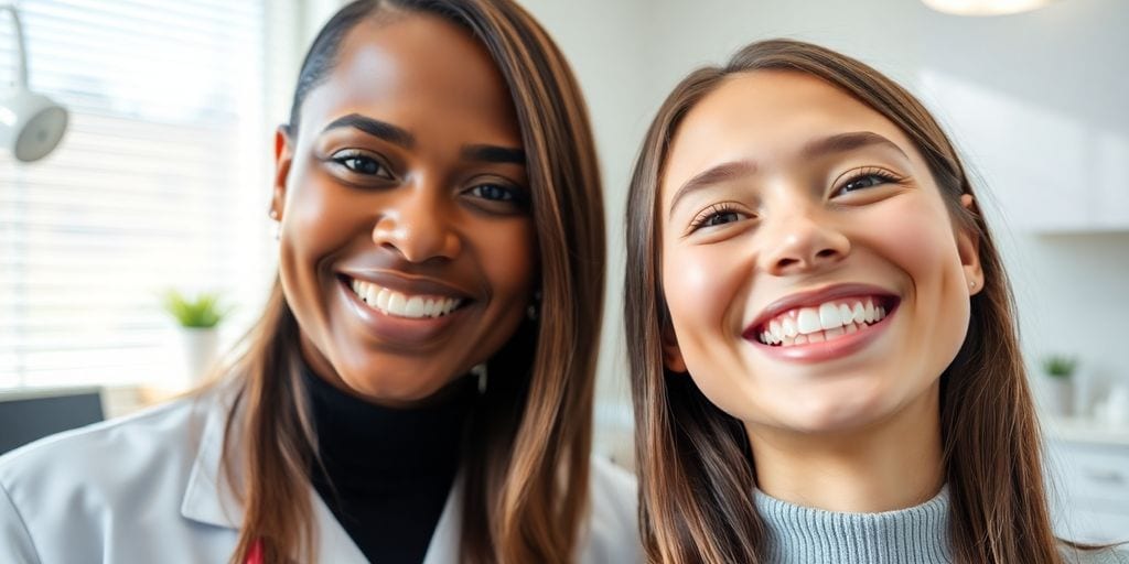 Orthodontist smiling with happy patient's teeth.