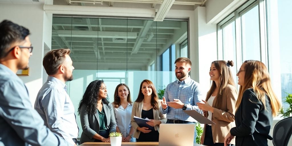 Diverse professionals collaborating seamlessly in a bright, modern office.